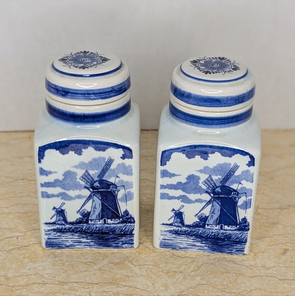 Vintage Pair Blue Delft Spice Jars Ceramic Lidded Holland Canisters - Picture 6 of 11